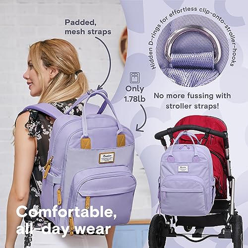 a person carrying a backpack with text: 'nto- Padded, stroller-hooks mesh straps Hidden D-rings for Only 1.78lb No more fussing with stroller straps! Comfortable, all -day wear'