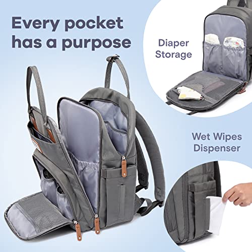 a grey diaper bag with a diaper storage with text: 'Every pocket has a purpose Diaper Storage Wet Wipes Dispenser'