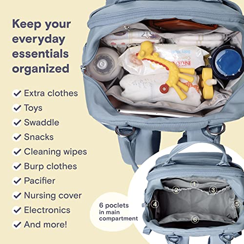 a bag with baby items inside with text: 'Keep your everyday essentials organized Extra clothes Toys Swaddle Snacks Cleaning wipes Burp clothes Pacifier Nursing cover Electronics 6 poclets in main And more! compartment'