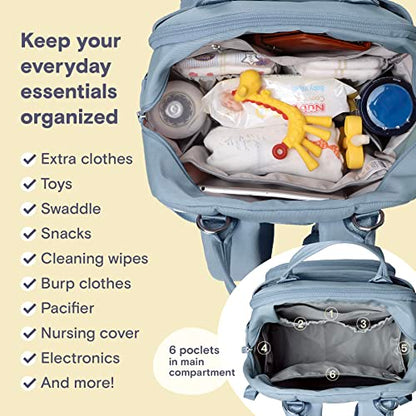 a bag with baby items inside with text: 'Keep your everyday essentials organized Extra clothes Toys Swaddle Snacks Cleaning wipes Burp clothes Pacifier Nursing cover Electronics 6 poclets in main And more! compartment'