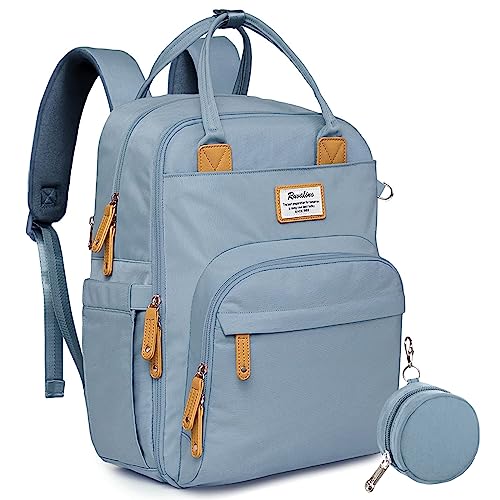 a blue backpack with a small round pouch