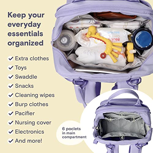 a purple baby backpack with baby items inside with text: 'Keep your everyday essentials organized Extra clothes - Toys Swaddle Snacks Cleaning wipes Burp clothes Pacifier Nursing cover Electronics 6 poclets in main And more! compartment 6'