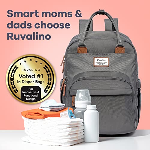 a grey backpack with diapers and baby bottles with text: 'Smart moms & dads choose Ruvalino RUVALINO Voted #1 in Diaper Bags For Innovative & Functional Design'