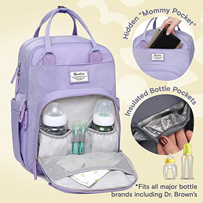 a purple diaper bag with bottles and baby bottles inside with text: 'Pocket* Insulated Bottle Pockets *Fits all major bottle brands including Dr. Brown's'