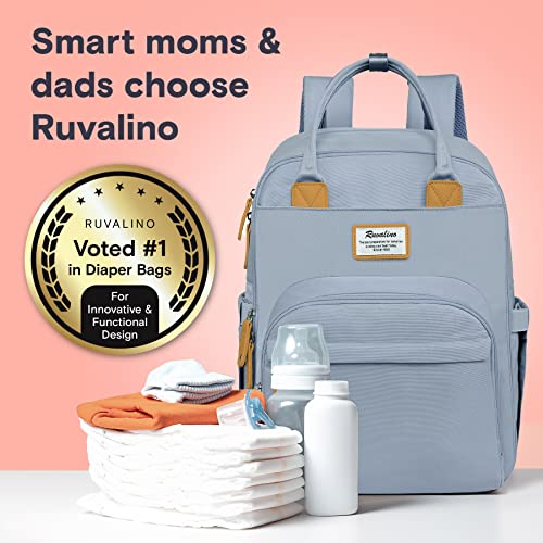 a backpack with diapers and bottles with text: 'Smart moms & dads choose Ruvalino RUVALINO Voted #1 in Diaper Bags For Innovative & Functional Design'