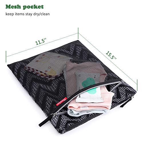 a mesh bag with clothes inside with text: 'Mesh pocket keep items stay dry/clean 11.5" 15.5"'