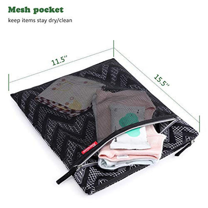 a mesh bag with clothes inside with text: 'Mesh pocket keep items stay dry/clean 11.5" 15.5"'