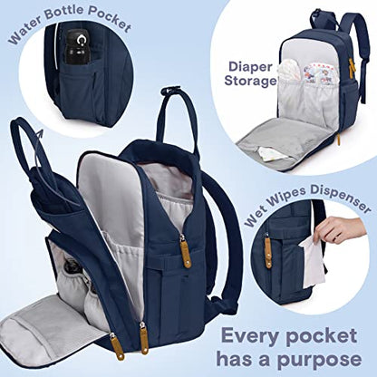 a blue and grey diaper bag with text: 'Water Water Bottle Pocket Diaper Storage Wet Wipes Dispenser Every pocket has a purpose'