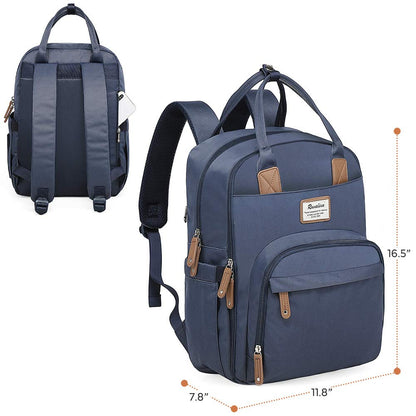 a blue backpack with a brown strap with text: '16.5" 7.8"'