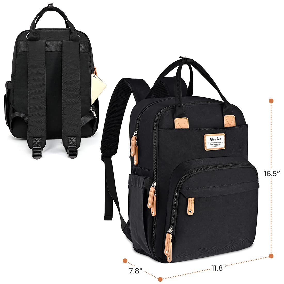 a black backpack with a strap with text: '16.5" 7.8" 11.8"'