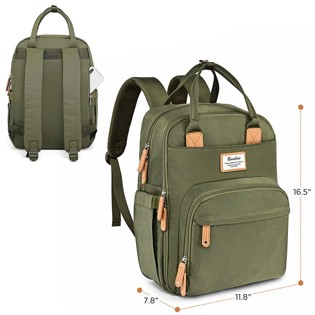 a green backpack with a size comparison with text: '16.5" .. 7.8" .. 11.8"'