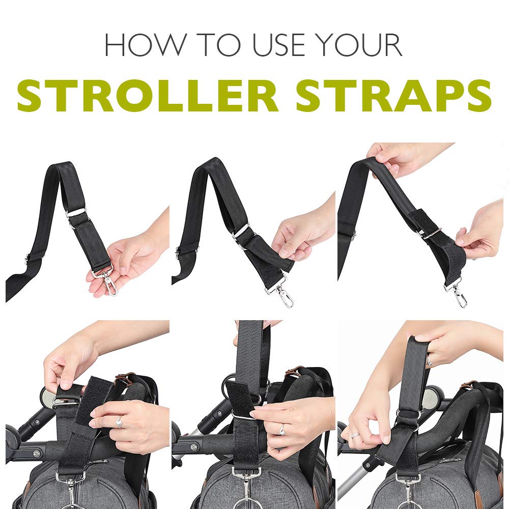 a collage of hands holding a stroller strap with text: 'HOW TO USE YOUR STROLLER STRAPS'