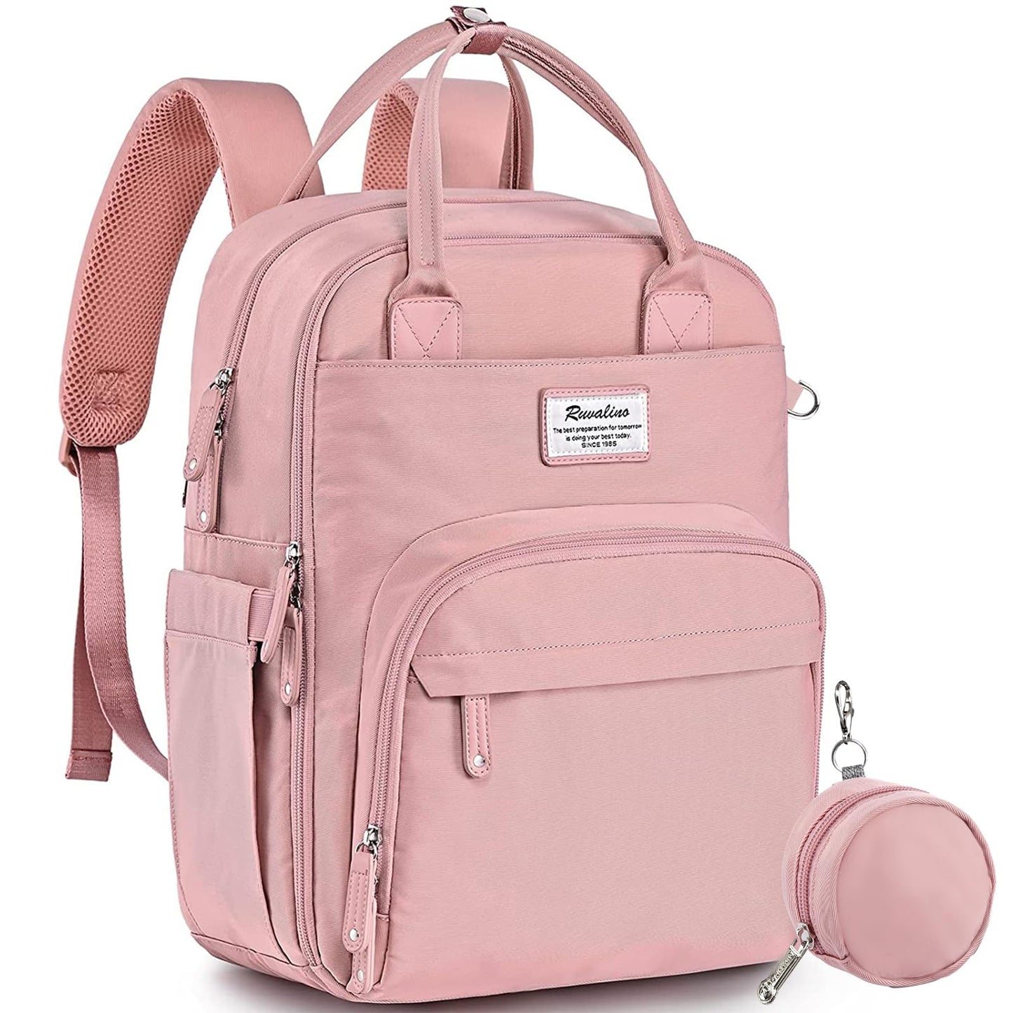 a pink backpack with a small pouch with text: 'Ruvalino for doing your best today. SINCE 1985'