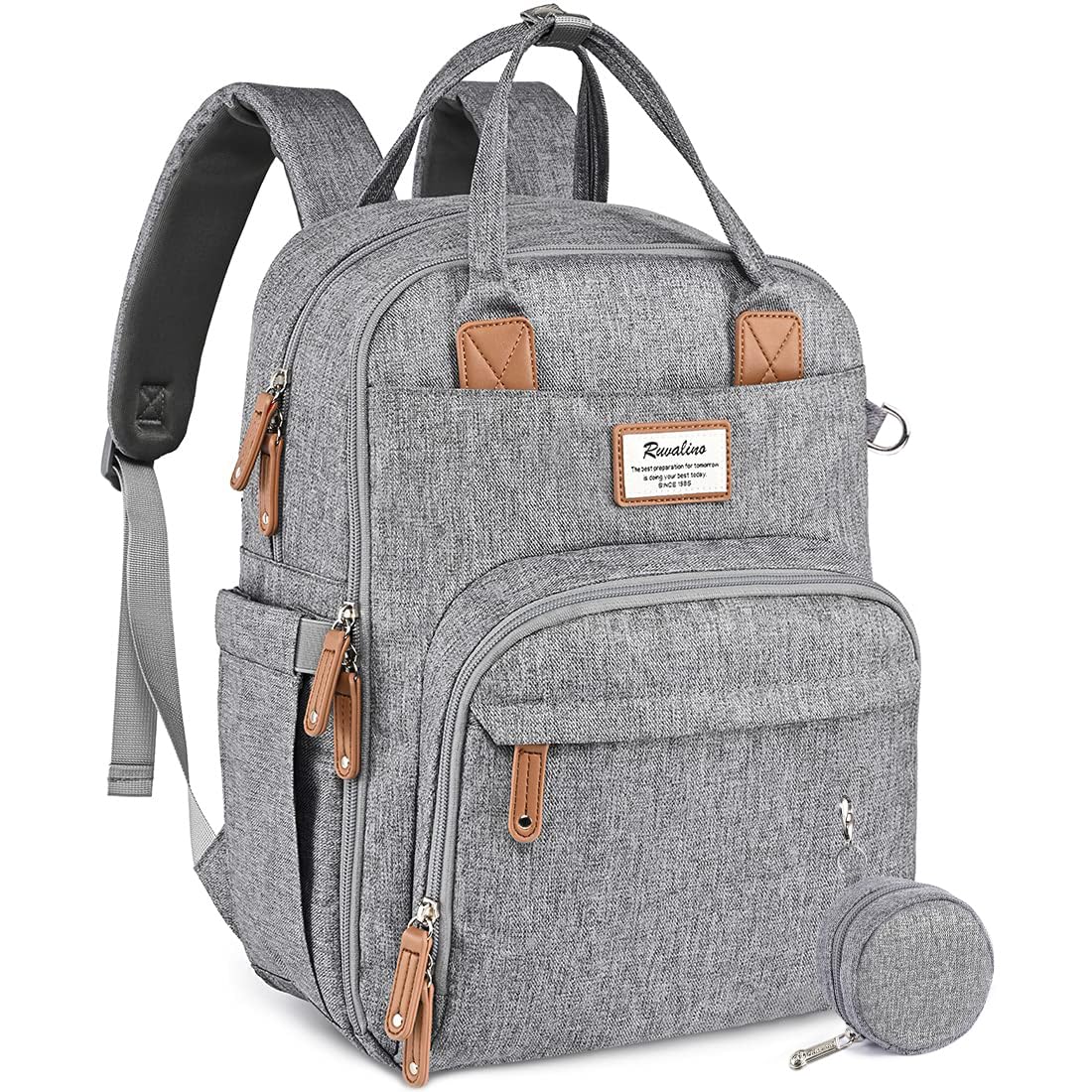 a grey backpack with brown straps with text: 'Ruvalino'