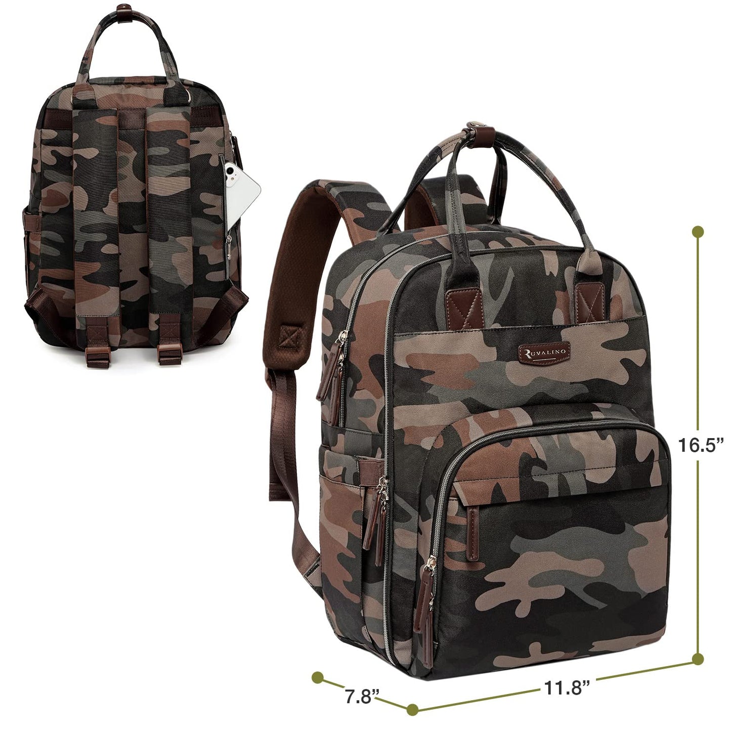 a camouflage backpack with size comparison with text: 'RUVALINO 16.5" 11.8"'