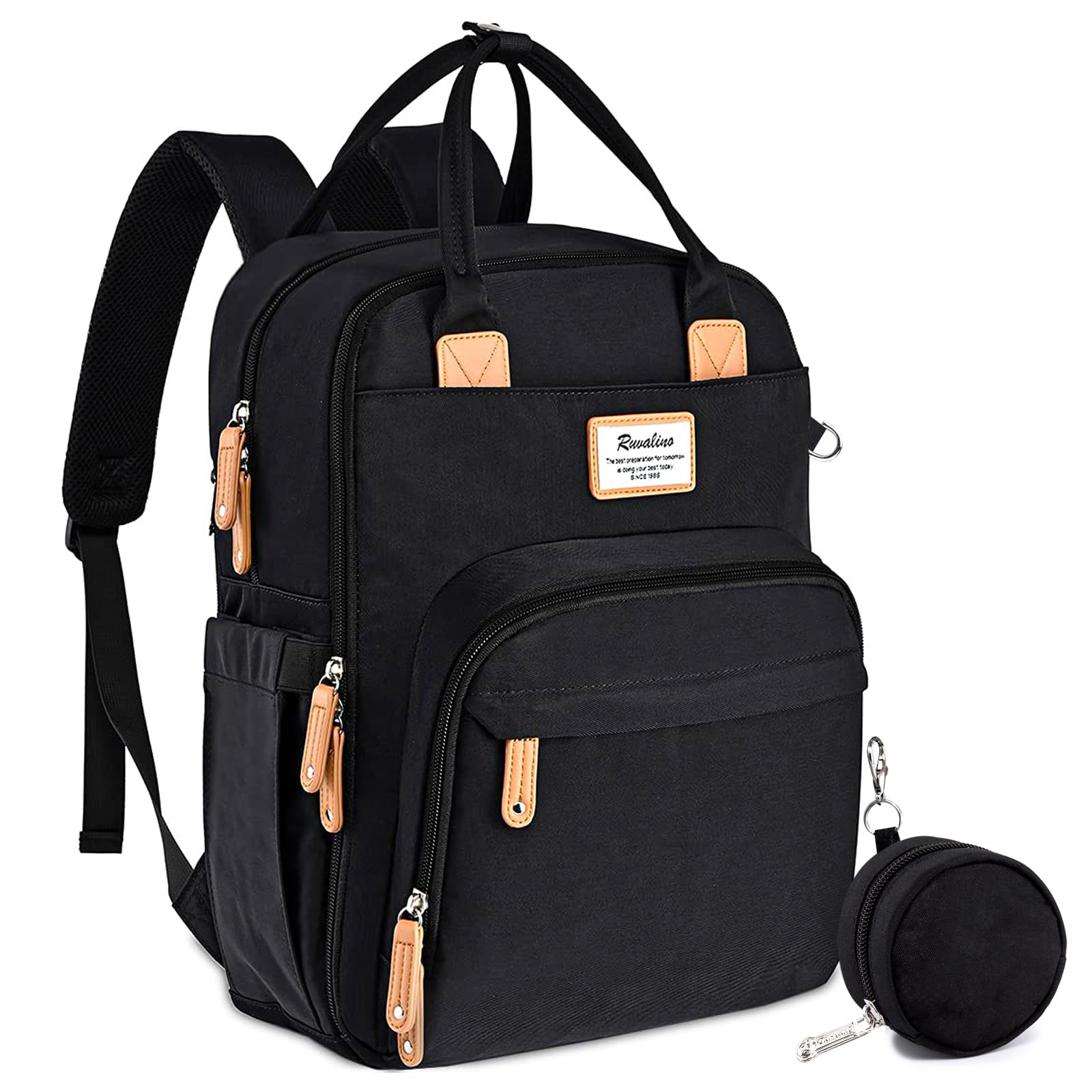 a black backpack with a small round object