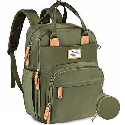 a green backpack with a small round object with text: 'The for'