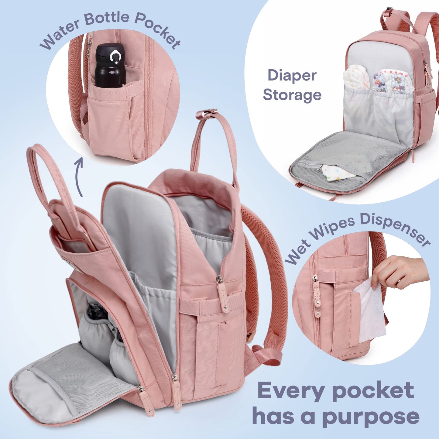 a pink backpack with diapers and a bottle with text: 'Water Bottle Pocket water Diaper Storage Wet Wipes Dispenser Every pocket has a purpose'