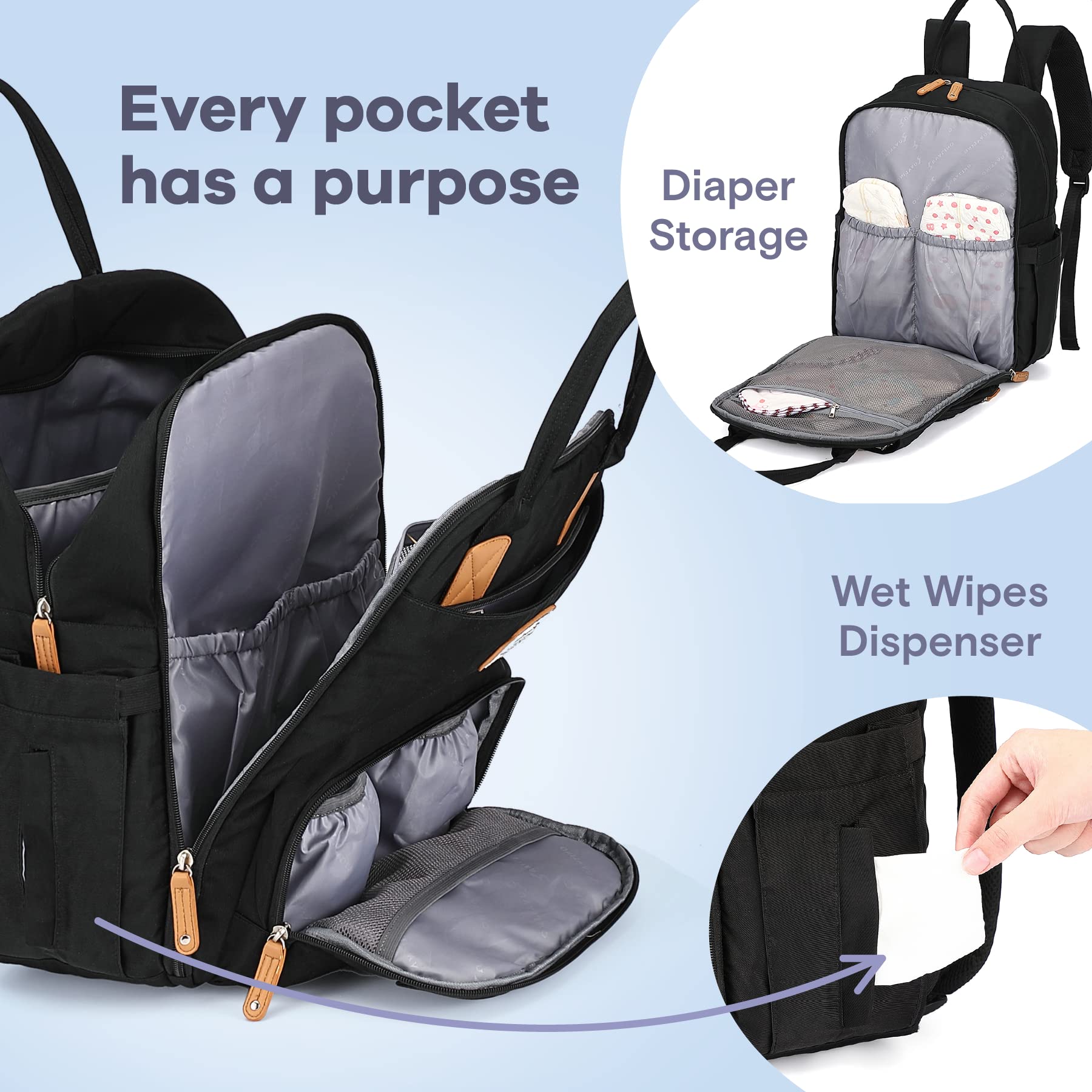 a black diaper bag with pockets with text: 'Every pocket has a purpose Diaper Storage Wet Wipes Dispenser'