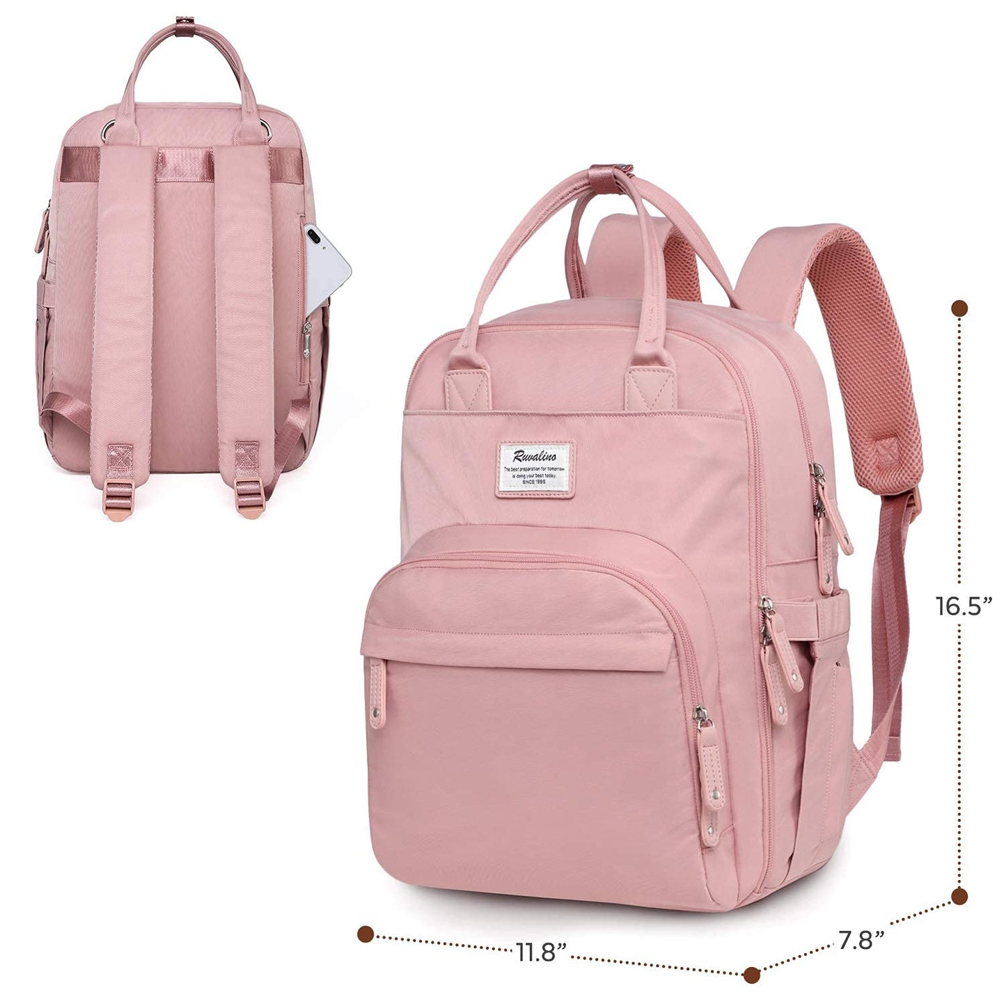 a pink backpack with measurements with text: 'Ruvalino Goingyour best today. 16.5" /8"'