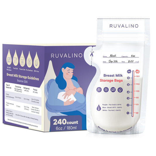 a package of breast milk with text: 'RUVALINO 9 Noah Capacity: Name RUVALINO Sep. Sth 8:07 Time: Date: OZ ML -180 Breast Milk DO NOT Food Safe Freezer Safe Pre-Sterilized BPA-Free Microwave 150 Breast Milk Storage Guidelines Storage Bags 5 Source: CDC 4 -120 Type of 90 breast milk Countertop Refrigerator Freeze 3 Room Temperature (25℃) or less (-18℃) -60 Freshly 2 expressed/pumped Up to 4 hours Up to 4 days to 12 months, Purple - Too Cold 6 months is best Blue - Good ( - 104ºF) White - Too Hot 30 Thawed, pr