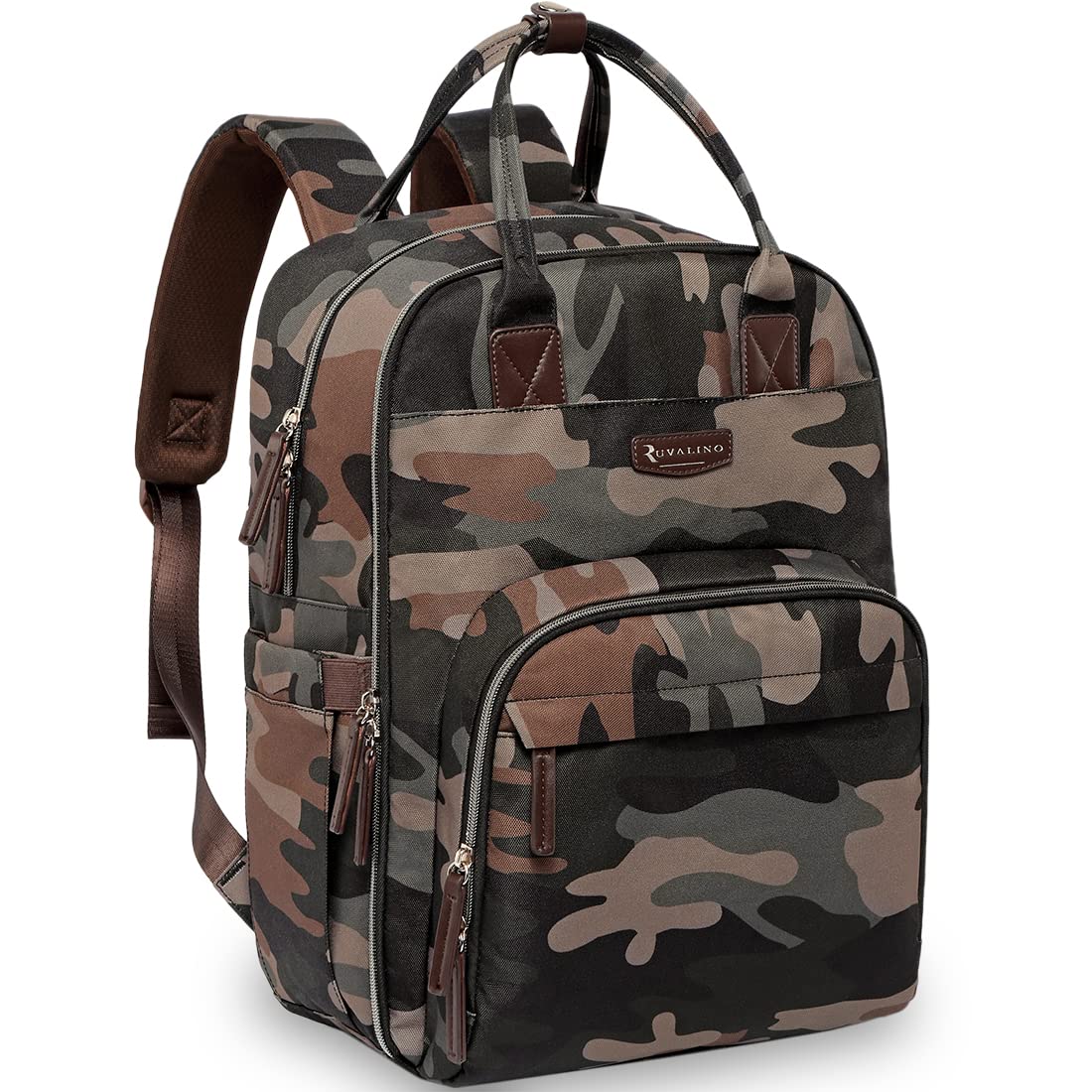 a camouflage backpack with zippers