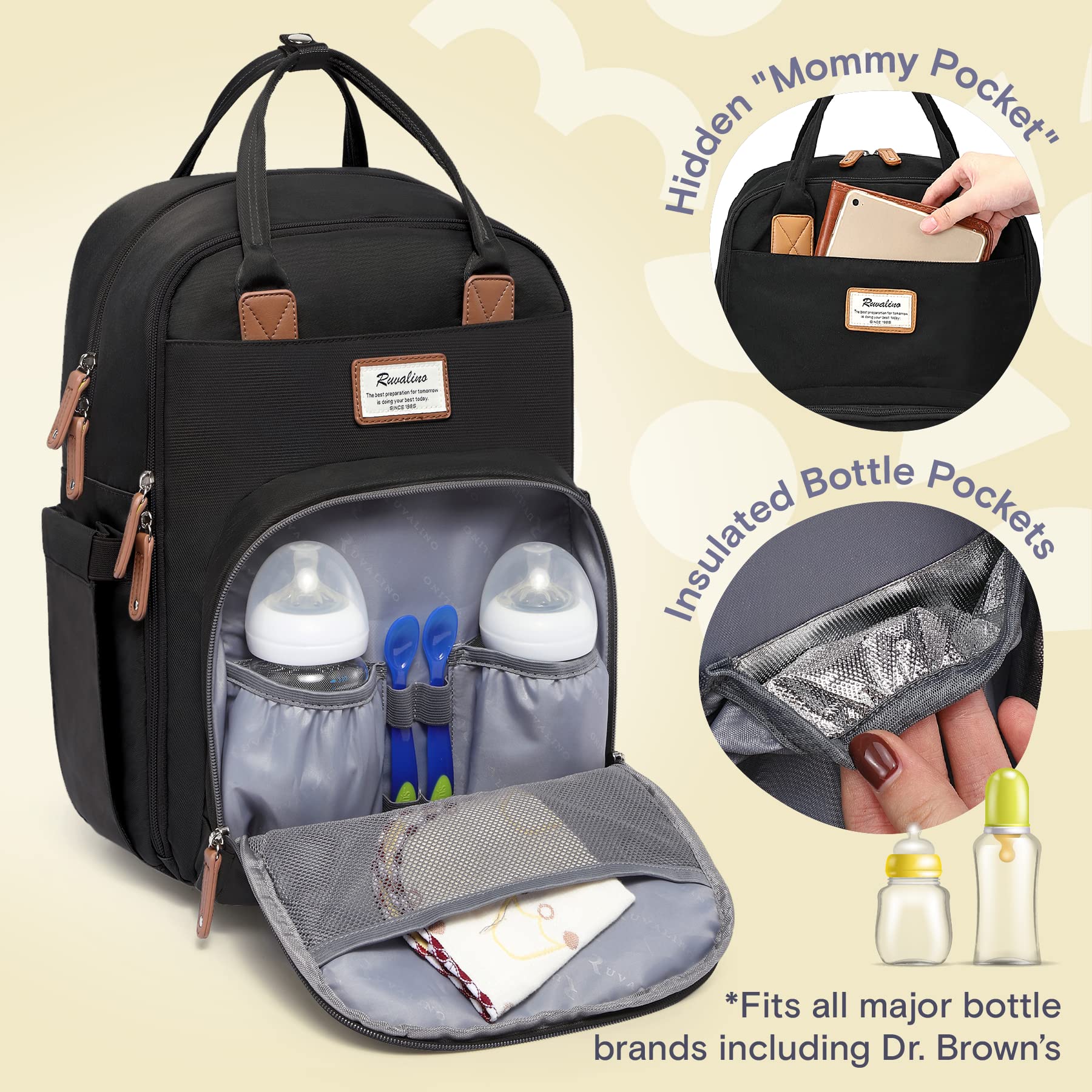 a black backpack with a bottle inside with text: 'Hidden "M best The best preparation for is your ottle VALINO Insulated B *Fits all major bottle brands including Dr. Brown's'