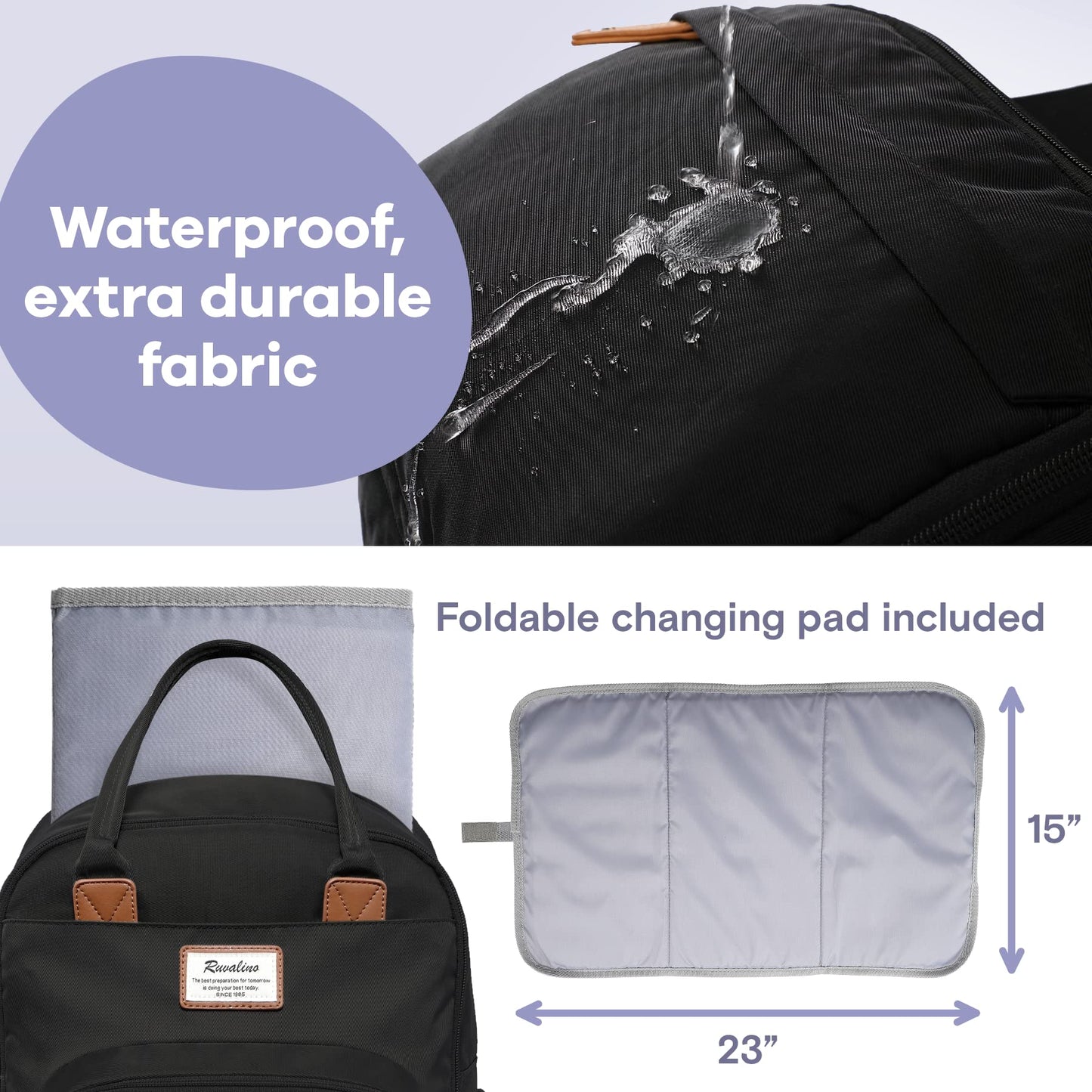 a close up of a bag with text: 'Waterproof, extra durable fabric Foldable changing pad included 15" Ruvalino Best preparation for 23"'