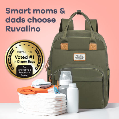 a green backpack with diapers and baby bottles with text: 'Smart moms & dads choose Ruvalino RUVALINO Voted #1 est preparation for tomorro is doing your 1985 in Diaper Bags For Innovative & Functional Design'