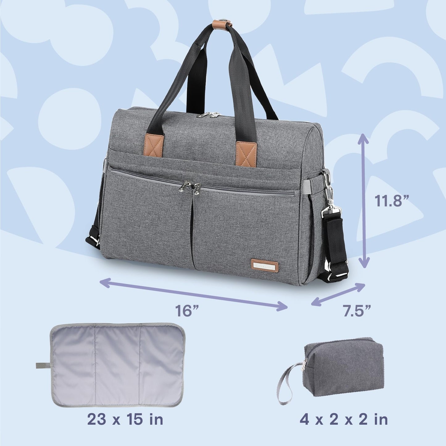 a grey and black bag with a strap with text: '11.8" 16" 7.5" 23 15 in 4 2 2 in'