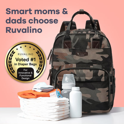 a backpack with diapers and baby bottles with text: 'Smart moms & dads choose Ruvalino RUVALINO Voted #1 in Diaper Bags For Innovative & Functional Design'