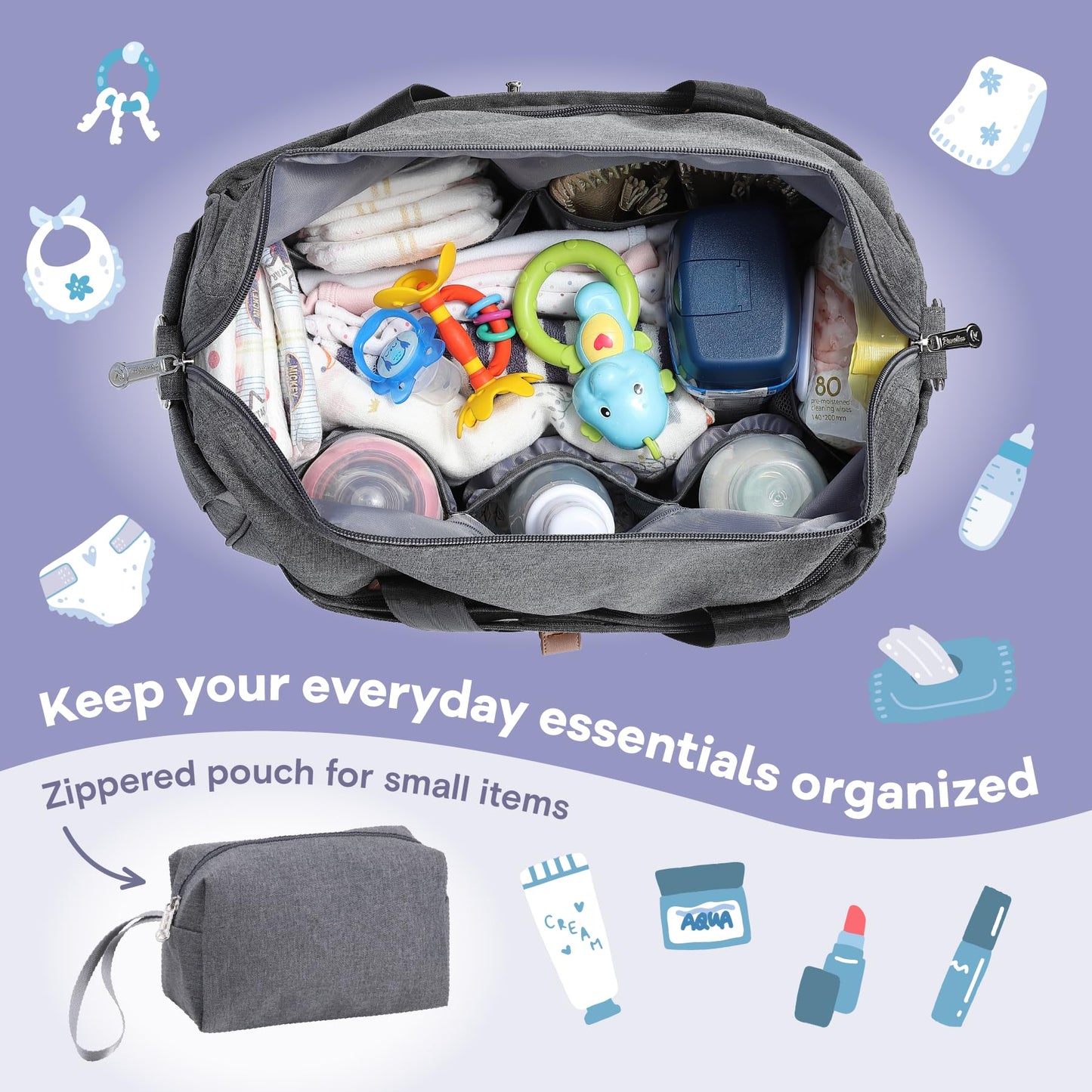 a bag with baby items in it with text: '* * 80 MICKEY leaning wipes 40.200mm Keep your everyday essentials organized Zippered pouch for small items - AQUA'