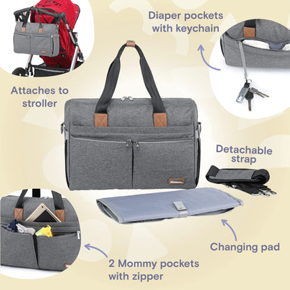 a grey diaper bag with different items with text: 'Diaper pockets with keychain Attaches to stroller Detachable strap Changing pad 2 Mommy pockets with zipper'