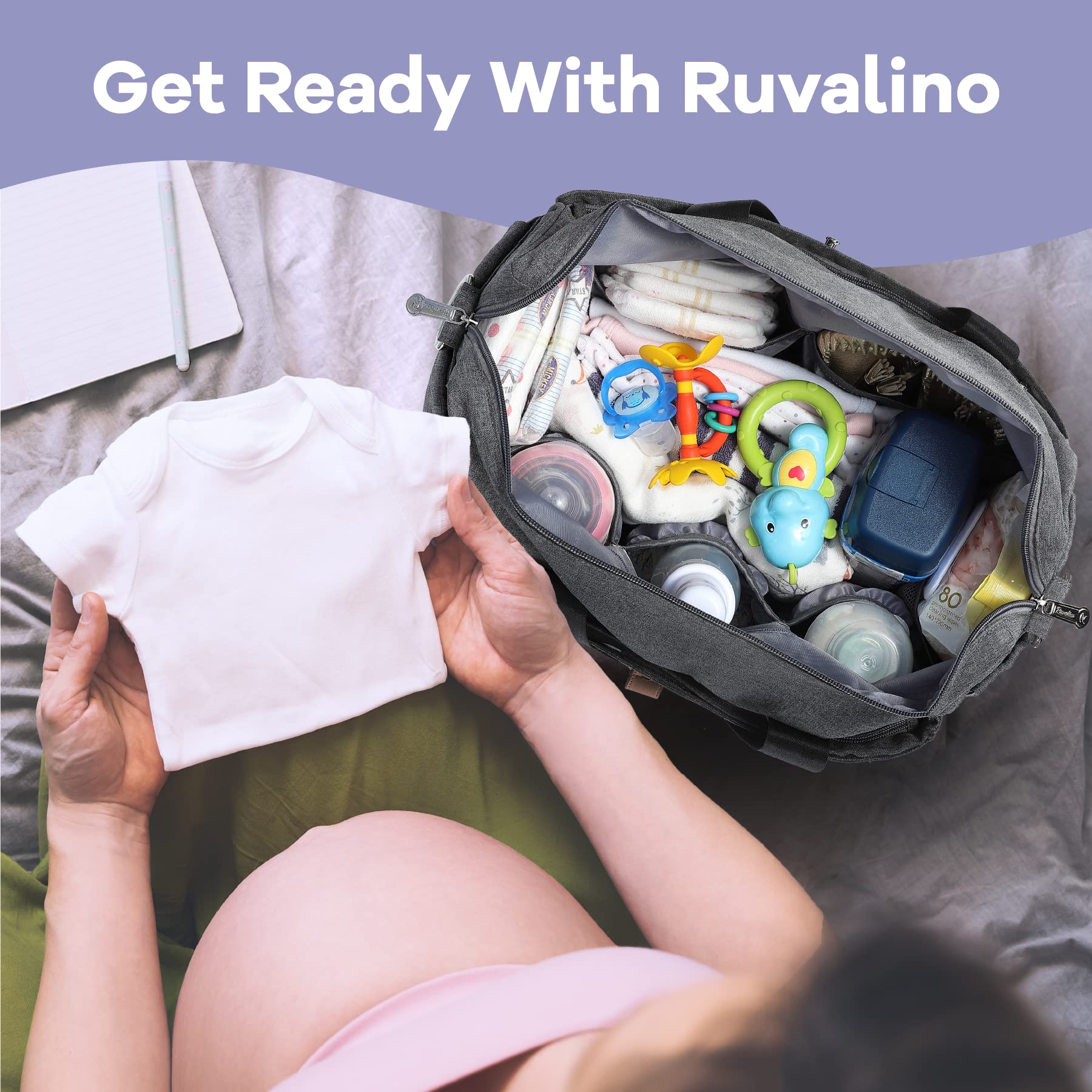 a pregnant person holding a baby clothes in her hand with text: '80 Get Ready With Ruvalino'