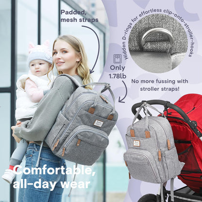 a person carrying a baby with text: 'Padded, tless mesh straps -stroller-hooks s ng Hidden D-rings Only 1.78lb No more fussing with stroller straps! Comfortable, all-day wear'