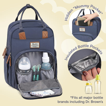 a blue backpack with a bottle in it with text: 'preparation for your best today. 1985 Insulated *Fits all major bottle brands including Dr. Brown's'