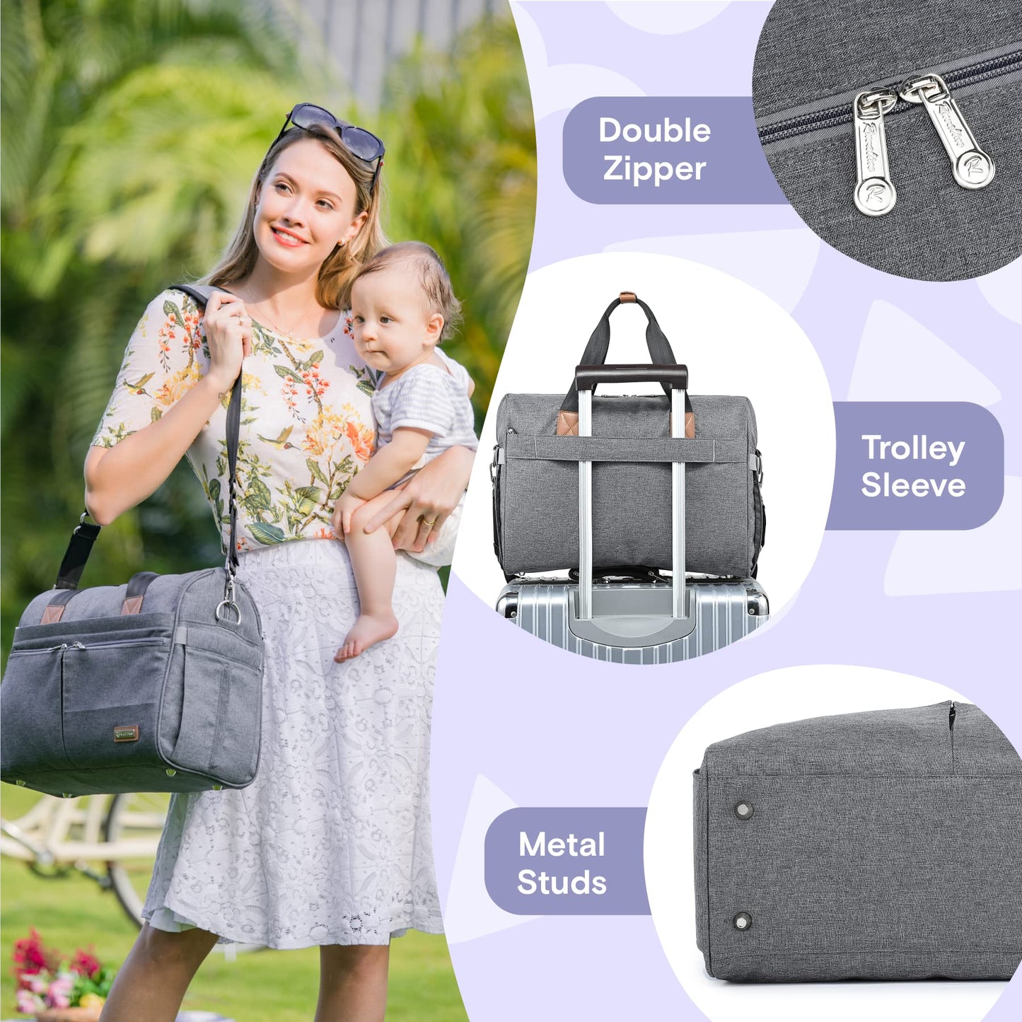 a person holding a baby and a bag with text: 'Double Zipper Trolley Sleeve Metal Studs'