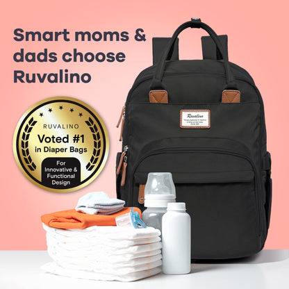 a black backpack with baby items on a table with text: 'Smart moms & dads choose Ruvalino n for tomorrow best preparation for is doing your best RUVALINO SINCE 1985 Voted #1 in Diaper Bags For Innovative & Functional Design'