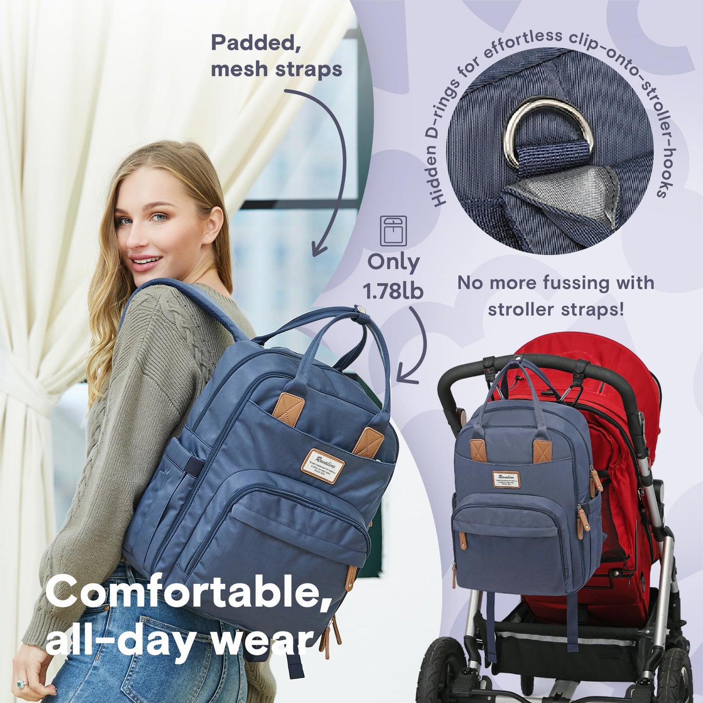 a person carrying a backpack with text: 'Padded, effortless clip onto-stroller-hooks mesh straps Hidden D-rings for Only 1.78lb No more fussing with stroller straps! Comfortable, all-day'