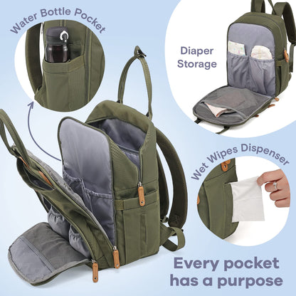 a green backpack with a diaper bag inside with text: 'Water Bottle Pocket Diaper Storage Wet Wipes Dispenser Every pocket has a purpose'