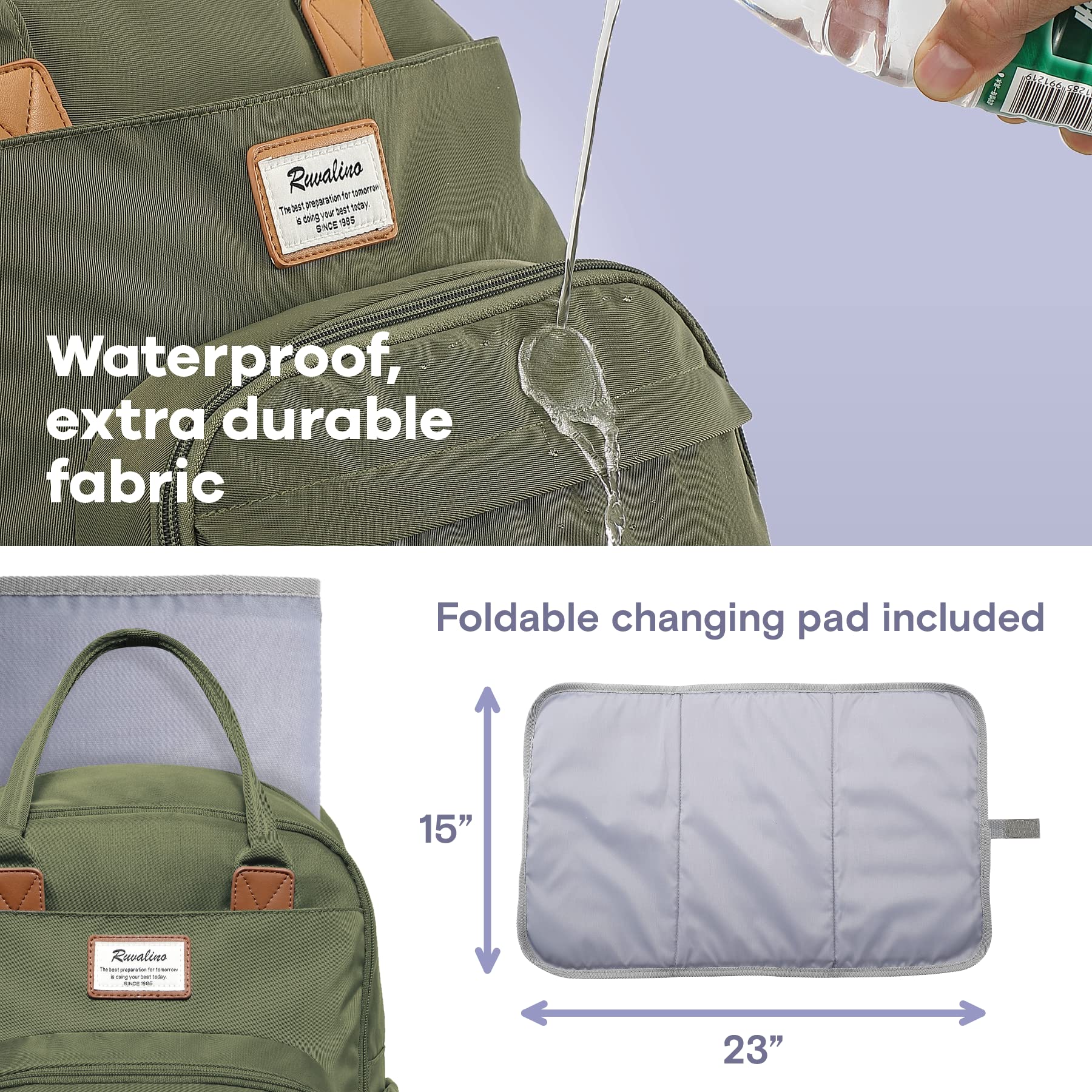 a close-up of a bag with text: 'The best preparation for tomorrow is doing your best today. SINCE 1985 Waterproof, extra durable fabric Foldable changing pad included 15" Ruvalino est preparation for tomorr doing your best toda 1985'