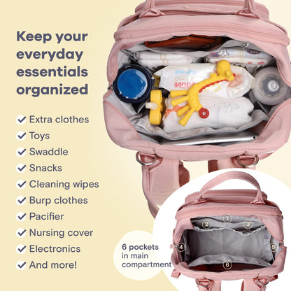 a pink bag with baby items inside with text: 'Keep your everyday WICKEA essentials organized Extra clothes Toys Swaddle Snacks Cleaning wipes Burp clothes Pacifier Nursing cover Electronics 6 pockets 4 5 in main And more! compartment 6'