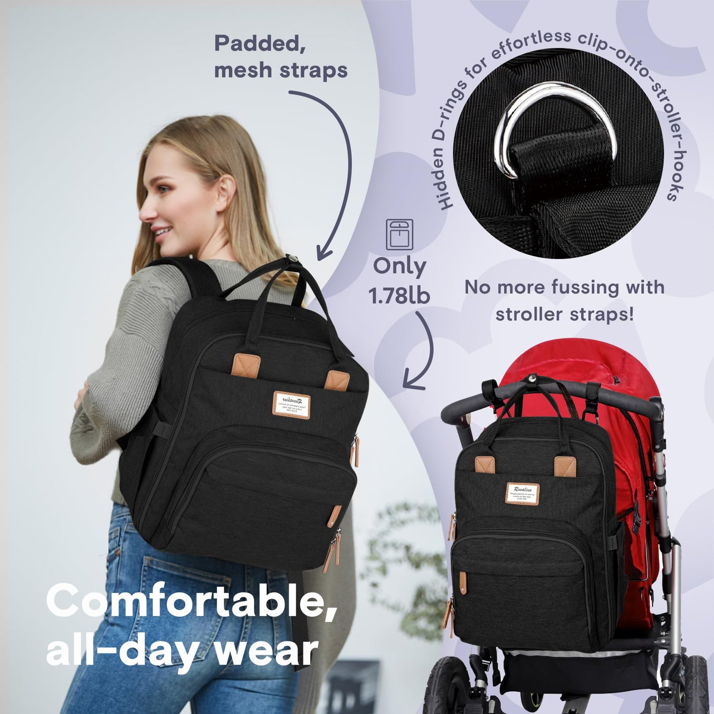 a person carrying a backpack with text: 'Padded, effortless cl on mesh straps -stroller-hooks Hidden D-rings for Only 1.78lb No more fussing with stroller straps! Comfortable, all-day wear'