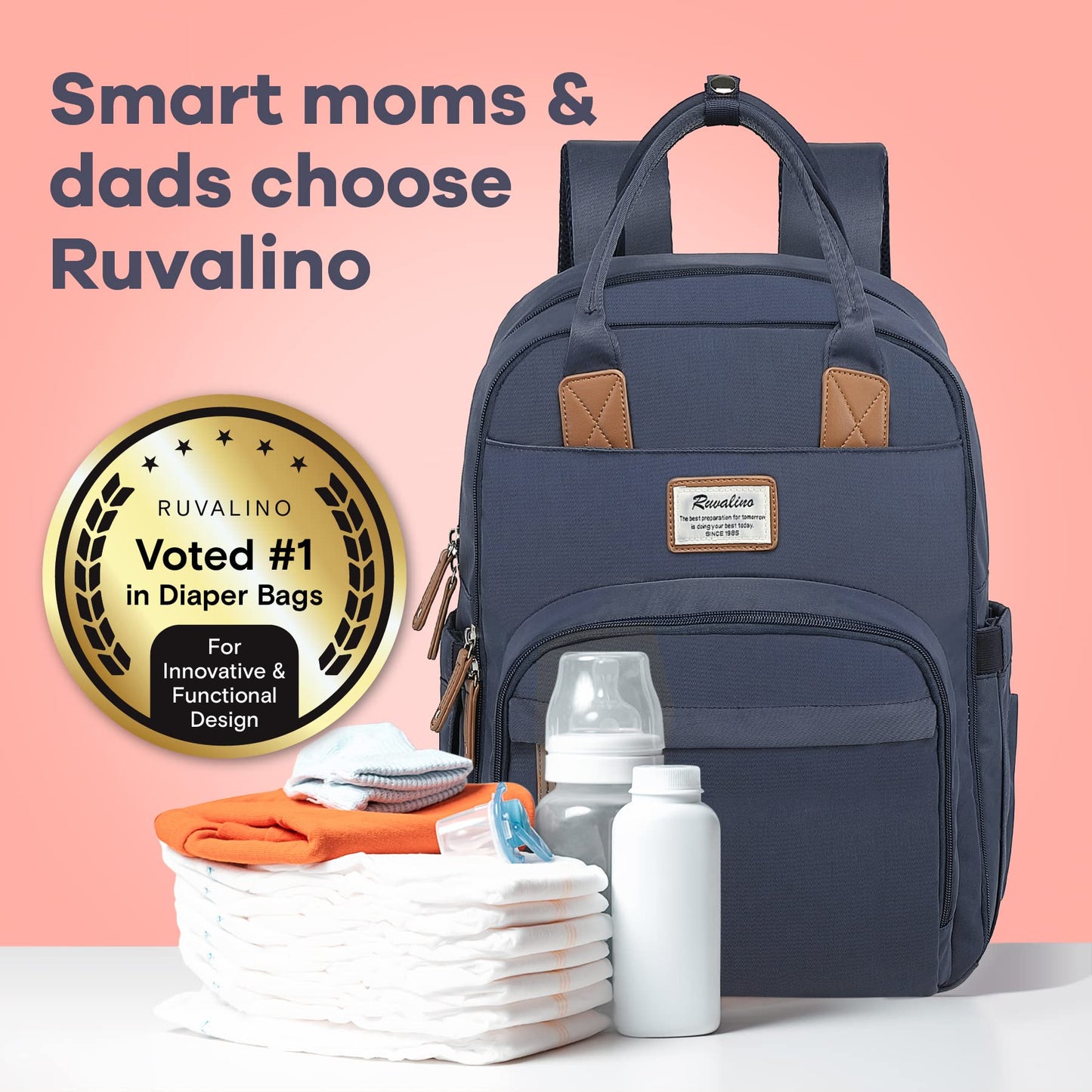 a backpack with diapers and baby items with text: 'Smart moms & dads choose Ruvalino RUVALINO ration for best preparation for is your est SINCE Voted #1 in Diaper Bags For Innovative & Functional Design'