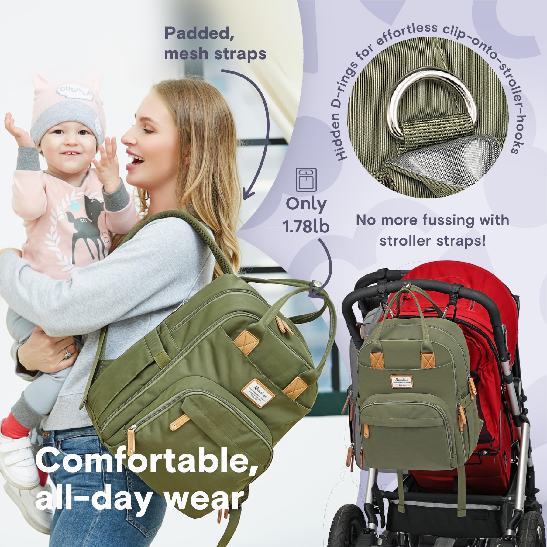 a person carrying a baby with text: 'Padded, clip onto mesh straps eff -stroller-hooks DUDULA Hidden D-rings for Only 1.78lb No more fussing with stroller straps! Comfortable, all-day wear'