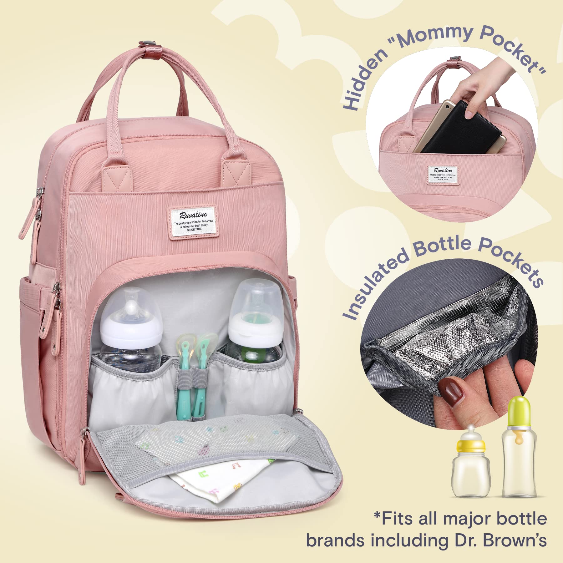 a pink diaper bag with bottles inside with text: 'Pocket" Hidden he is doing your Insulated B *Fits all major bottle brands including Dr. Brown's'