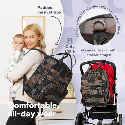 a person carrying a baby with text: 'Padded, clip ont mesh straps ings for effortless I V Only 1.78lb No more fussing with stroller straps! Comfortable all-day wear'