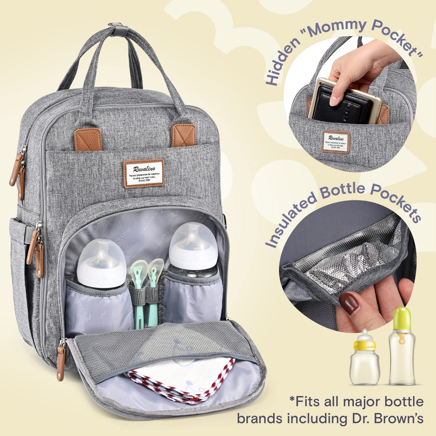 a grey diaper bag with bottles in it with text: 'Hidden "M Ruvalino The best preparation for tomorro is doing your Insulated B *Fits all major bottle brands including Dr. Brown's'