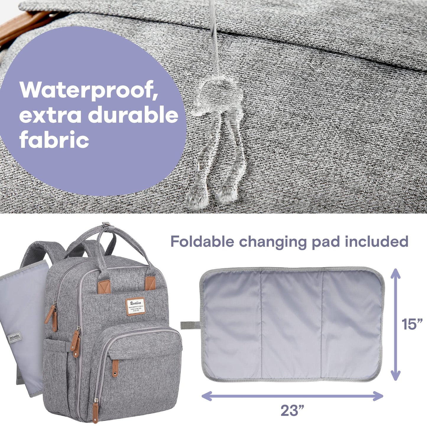 a grey backpack with a grey bag and a grey bag with a white circle and a blue circle with white text with text: 'Waterproof, extra durable fabric Foldable changing pad included 15" iniuniu 23"'