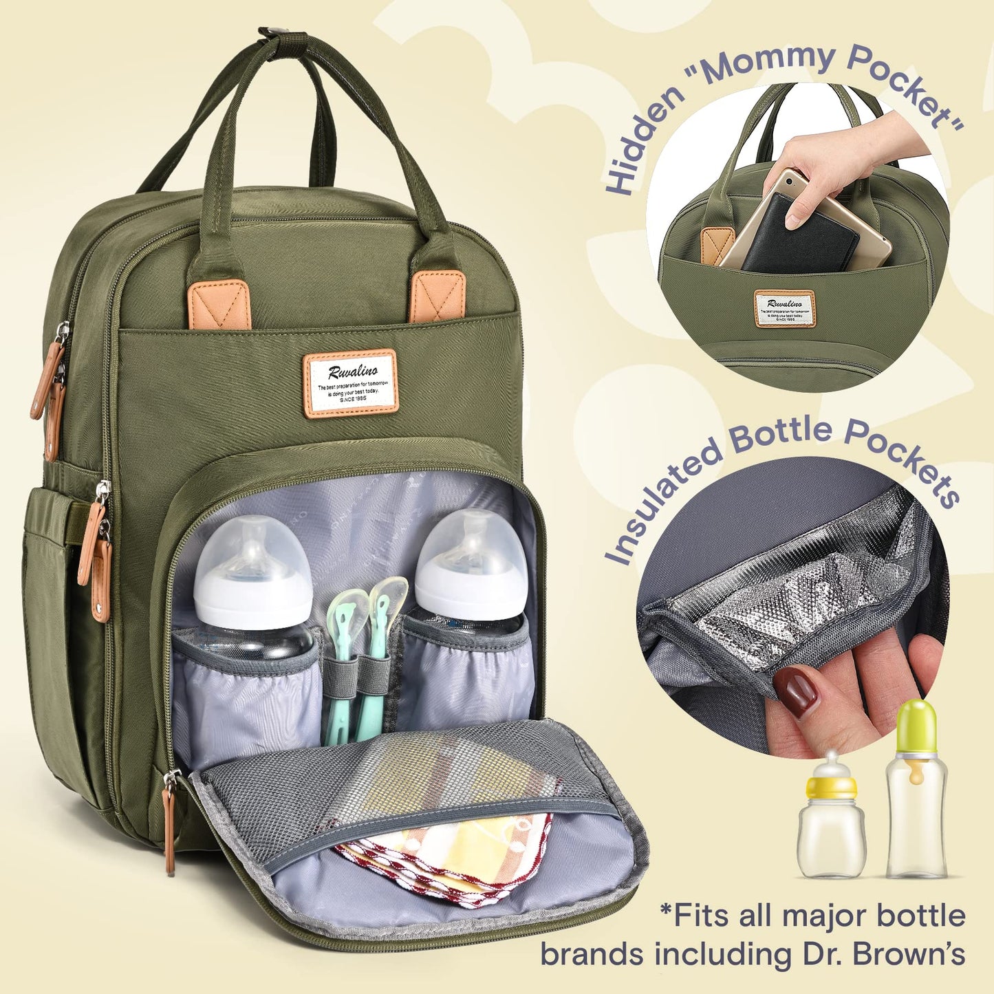 a green backpack with baby bottles inside with text: 'Hidden The best preparation for tomorrow is your best tod is Insulated B *Fits all major bottle brands including Dr. Brown's'